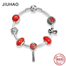 Горячая 925 пробы серебряные праздничные красные Подвески Luck розовые красные стеклянные браслеты из бисера diy для модных ювелирных украшений подарок для женщин