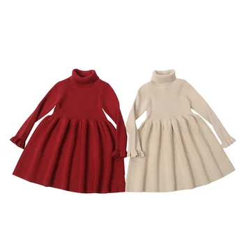 

Spring Kids Dresses for Girls Baby Girl Winter Clothes Autumn Kids Knitted Long Sleeve Turtleneck Solid Ribbed Princess Dress