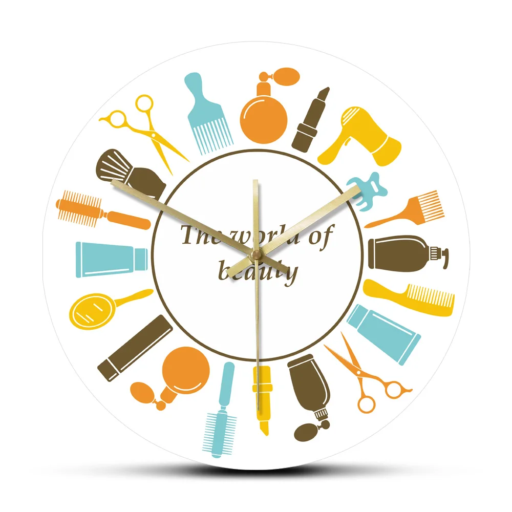 The World Of Beauty Hair Salon Fashion Print Acrylic Wall Hanging Clock