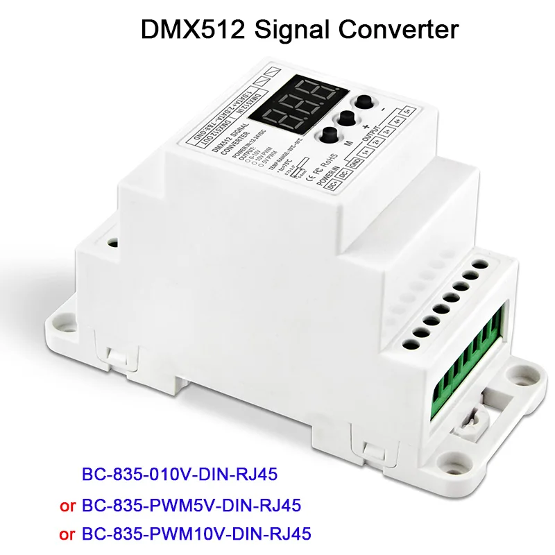 

Led 5CH Din Rail DMX512/1990 signal to 0-10V or PWM 10V 5V signal converter DMX512 controller,DC12V-24V,BC-835-010V-DIN-RJ45