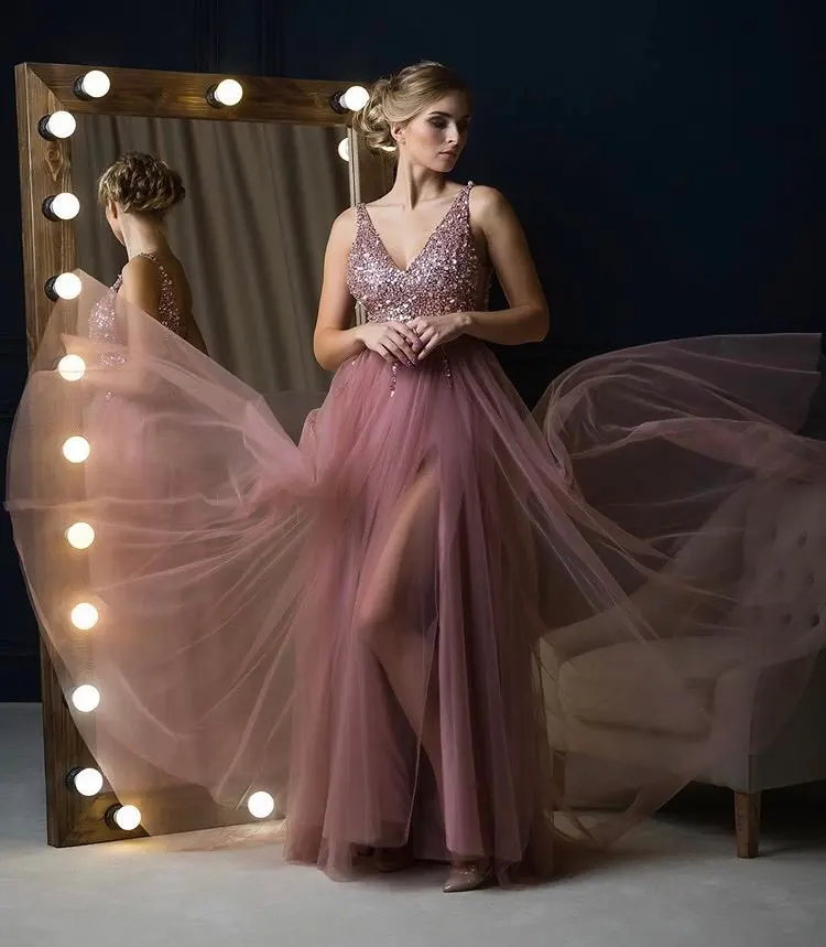 Luxury Beads Sexy Evening Dresses Long A line V neck Sleeveless Formal Occasion Party Prom Dresses robe de soiree