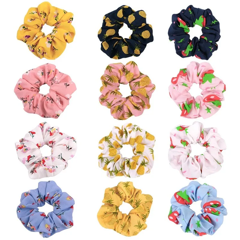 

Fruit Flower Print Scrunchies Women Elastic Hair Rubber Bands Accessories For Girls Tie Hair Ring Rope Headdress Ponytail Holder