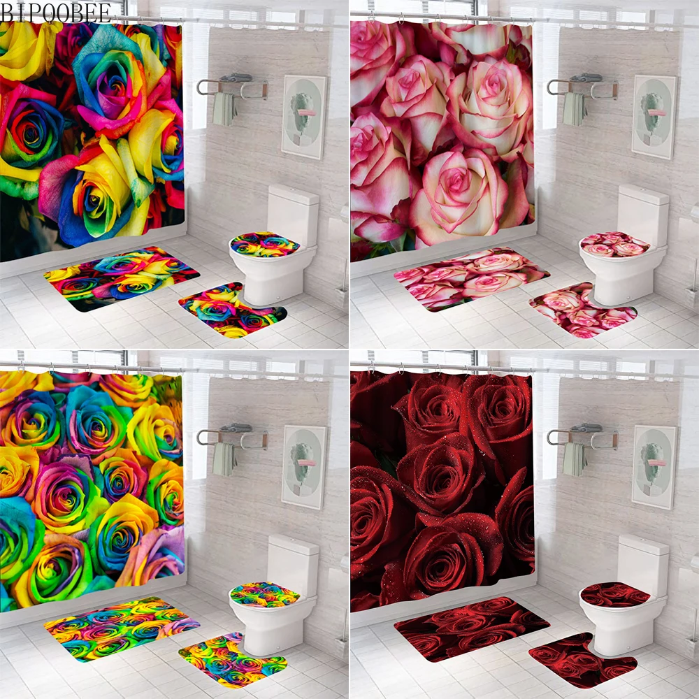 

Colorful Rose Shower Curtain Bathroom Curtains Set Beautiful Bright Red Roses Non-Slip Rug Toilet Lid Cover and Bath Mat Carpet