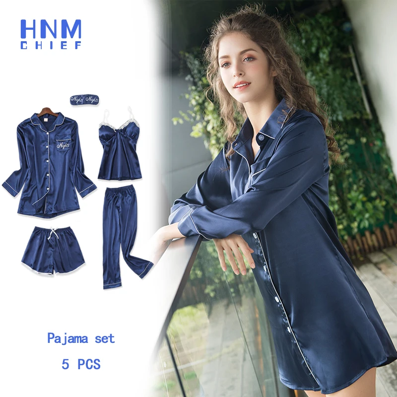 

HNMCHIEF Blue Pajama Set Satin Lace Patchwork Pyjamas Women Sexy Pajamas Top And Shorts Splicing Tank Top Home Wear Silk Suit