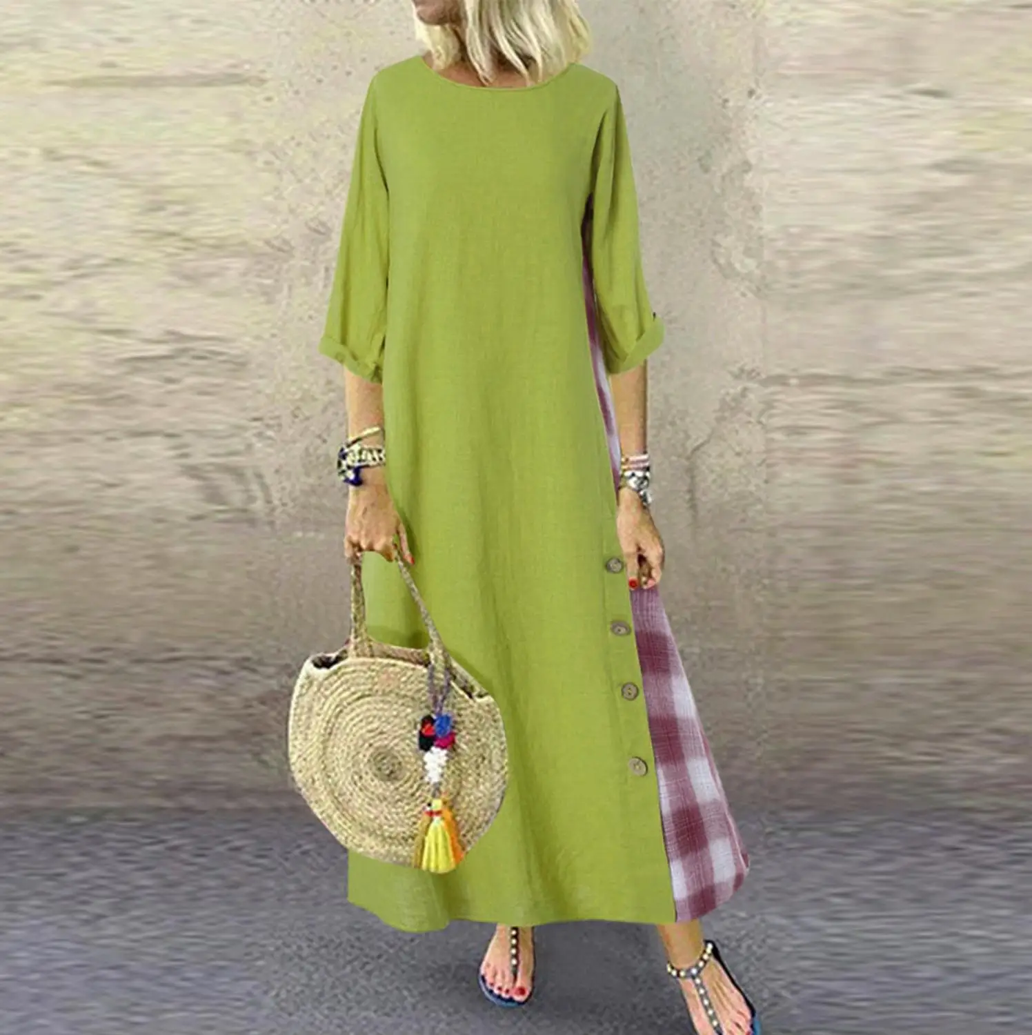 Платье 2019Top Горячая Мода Женщины печати сращивания Бохо длинный рукав кнопка карман o-образным вырезом повседневное длинное платье для женщин Vestidos - Цвет: Green
