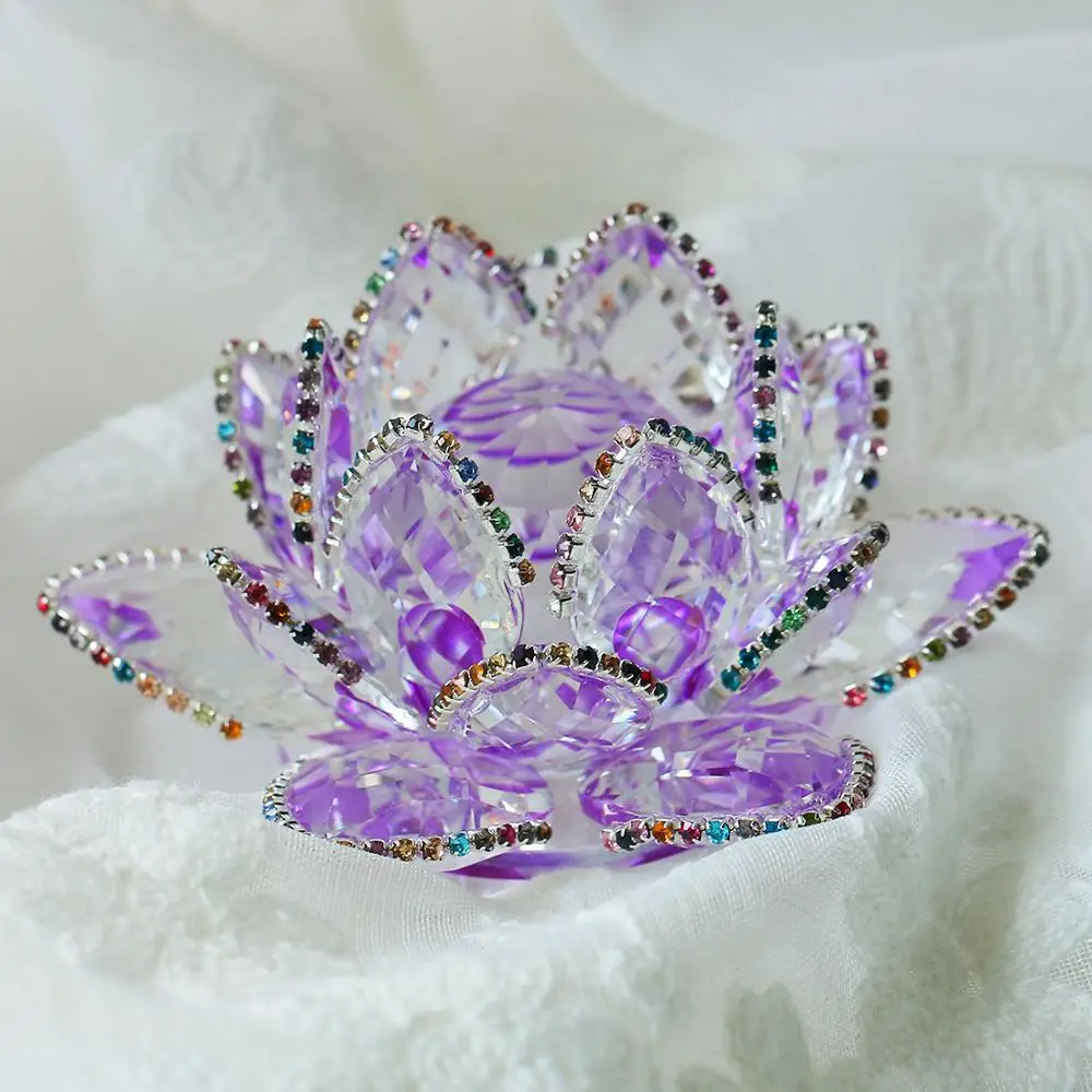 

H&D Crystal Lotus Flower with Sparkle Rhinestone Feng Shui Home Decor Glitter Paper Weight Gift-Box (4.1inch, Purple)