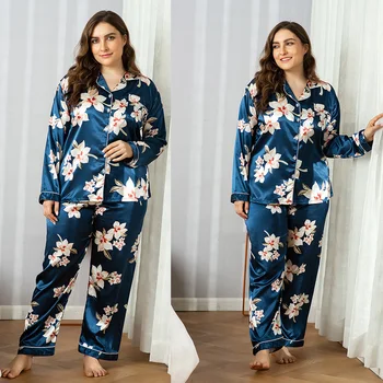 

Women Flower Print Pijama Set Plus Size 2 Pieces Set Sleep Faux Silk Satin Pijama Pajama Suit Homewear Long Sleeve Sleepwear 4XL