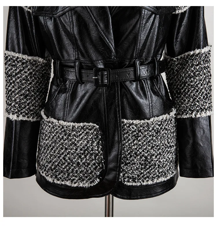 Новая дизайнерская роскошная женская шерстяная куртка, кожаная Лоскутная куртка с поясом, женская модная тонкая шерстяная куртка, верхняя одежда