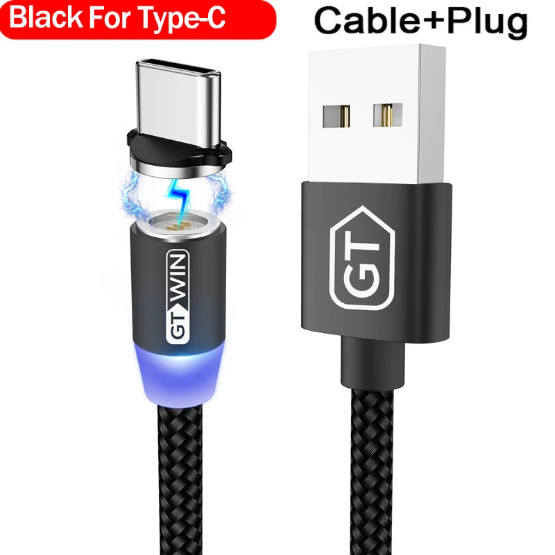 GTWIN 3A Магнитный кабель Micro USB кабель для iPhone Быстрая зарядка usb type C кабель для передачи данных для мобильного телефона Магнитный Шнур зарядное устройство 1 м/2 м - Цвет: For Type C Black