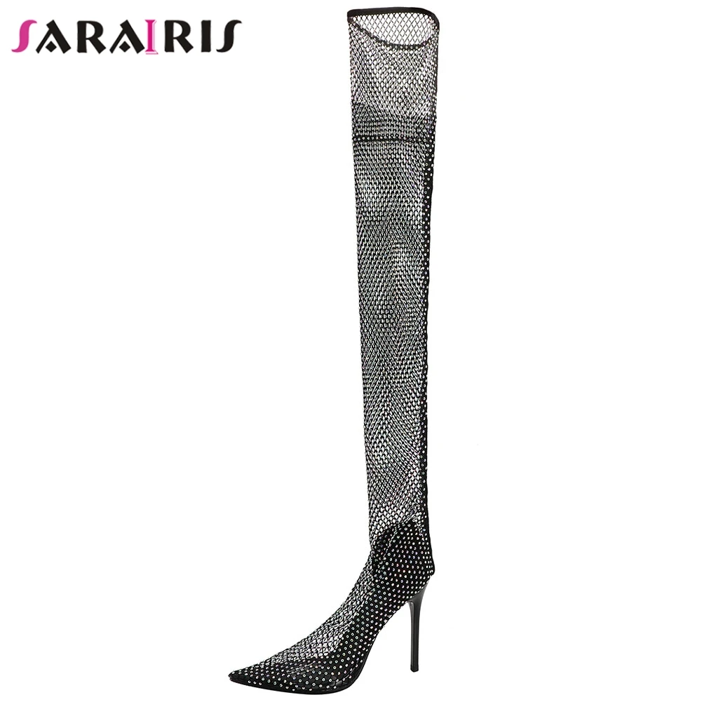 

SARAIRIS Sexy Brand Female Summer Boots Pointed Toe Hollow Out High Heels Mid Calf Boots Women Handmade Shoes Woman