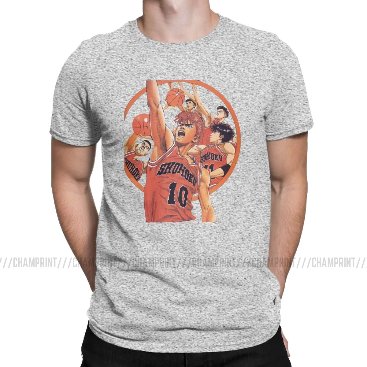 Мужская баскетбольная аниме футболка Slam Dunk, Sakuragi Hanamichi, Спортивная манга, одежда, потрясающая футболка с круглым воротником, футболка с принтом - Цвет: Серый