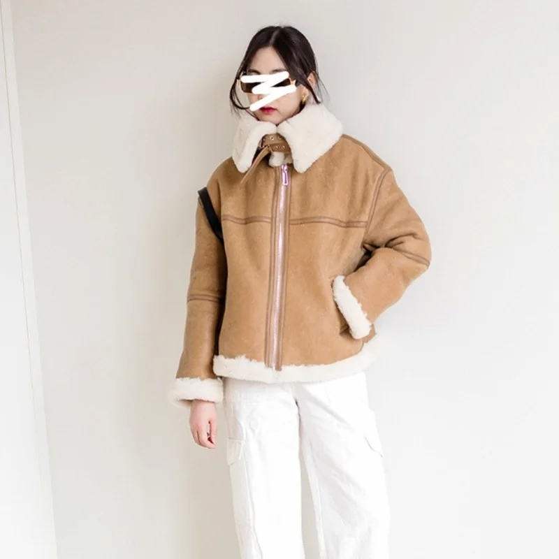 

Sheep Women Shearling Coat Real Fur Motorcycle Biker Jacket Winter Warm Wool Lining Genuine Leather Jackets Fashion Outerwear