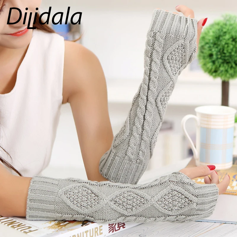 Dilidala, шерстяные вязаные перчатки с ромбовидным рукавом, зимние женские одноцветные перчатки на половину пальцев, длинные перчатки 30 см, теплые перчатки без пальцев