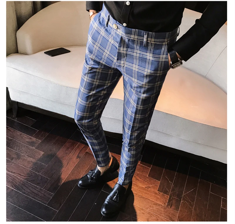 Серый синий мужской Клетчатый костюм брюки Slim Fit лодыжки костюм брюки для мужчин классическое деловое офисное платье формальный клетчатый костюм брюки P13