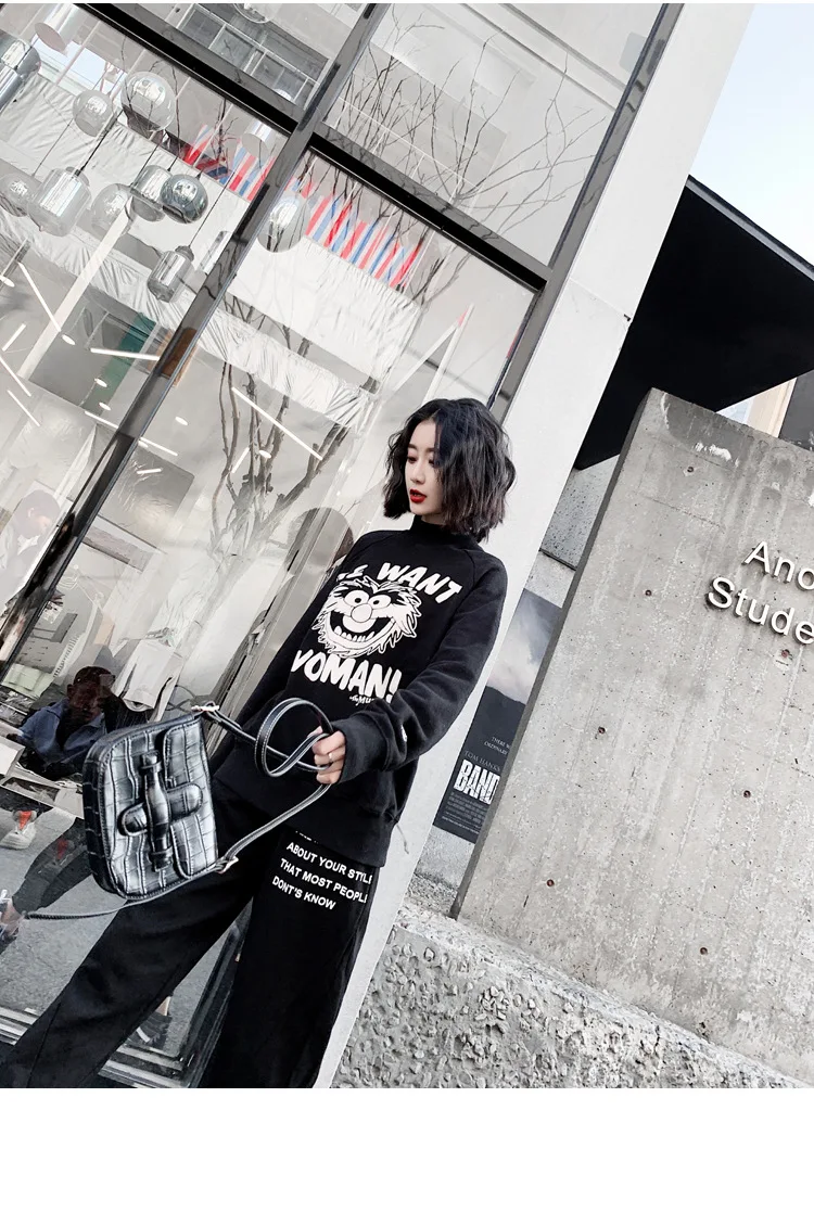 Personality popular logo hoodie woman new dark harbor style semi-high collar loose with velvet