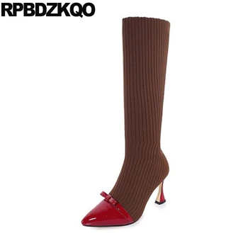 

pointed toe red designer shoes women luxury 2019 brand stiletto high heel knee slim elastic stretch knit patent leather sock new
