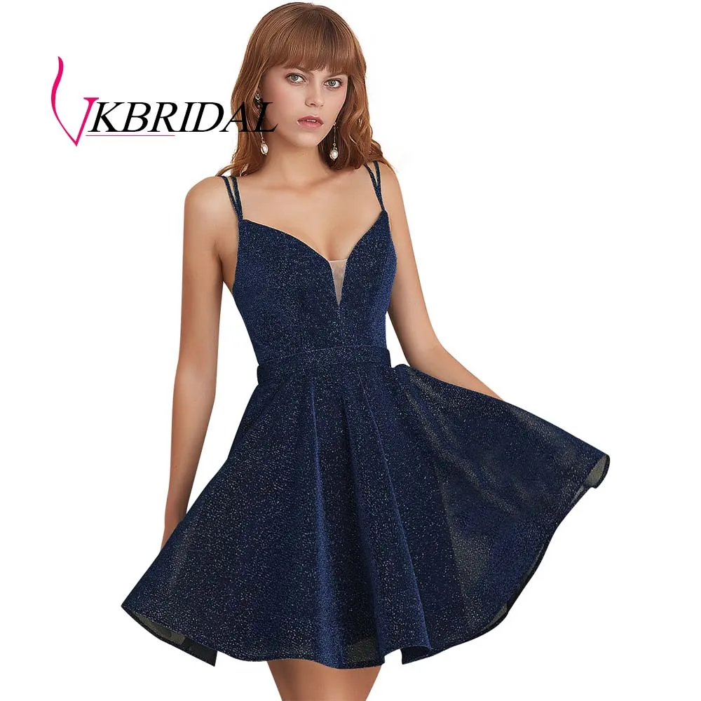 navy blue VKBRIDAL сексуальные короткие платья для выпускного вечера с глубоким v-образным вырезом Новое поступление блестящая ткань вечерние платья для выпускного вечера - Цвет: navy blue