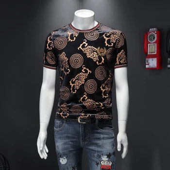 

Tee Shirt Homme Summer Fashion Print T Shirt Men Short Sleeve Slim Fit Velvet T-Shirt Men Streetwear Casual Tee Shirt Homme