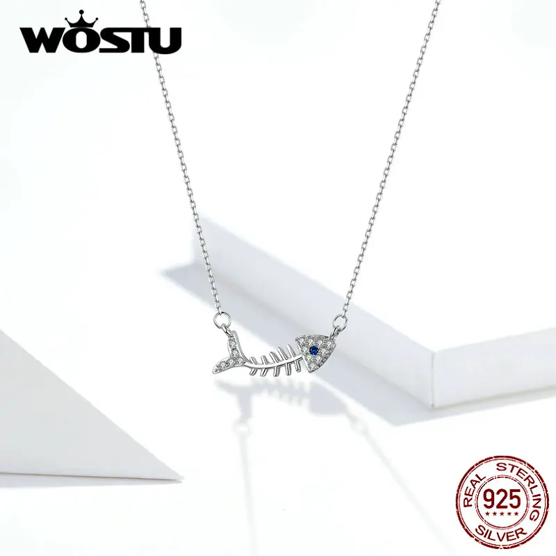 WOSTU дизайн ожерелье в форме кости рыбы подлинный 925 пробы серебро прозрачный CZ модные украшения свадебный подарок FIN376