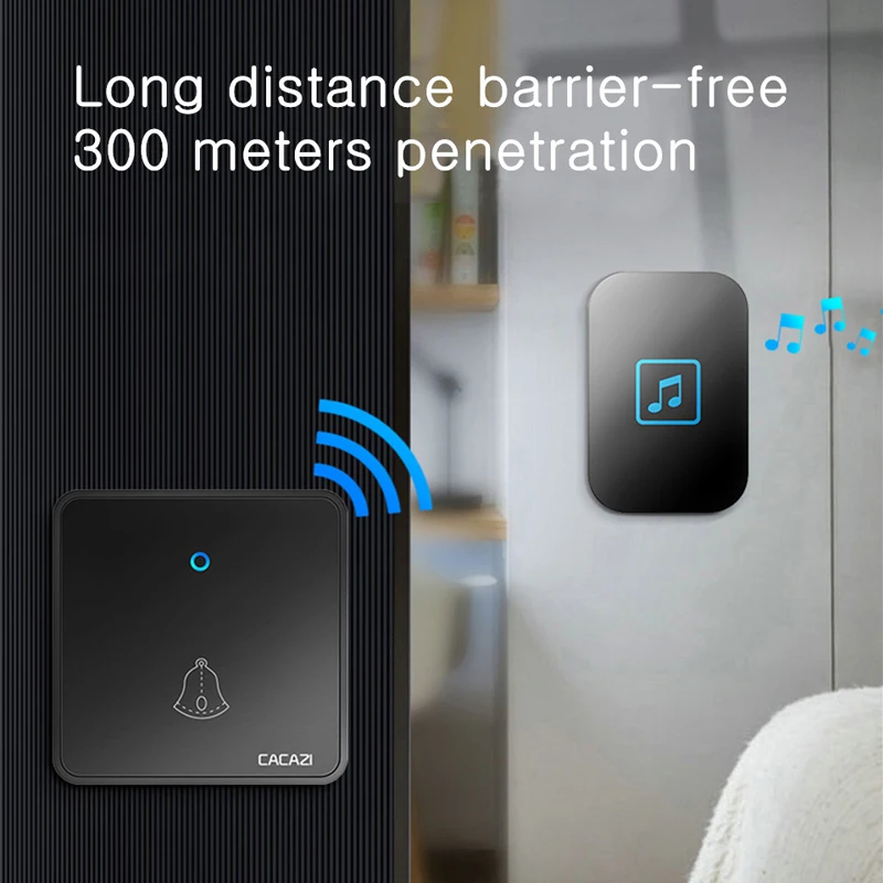 CACAZI Ring Doorbell Wireless Battery CR2032 Waterproof Home Door Bell Light 300M Remote Transmitter Receiver US EU UK Plug