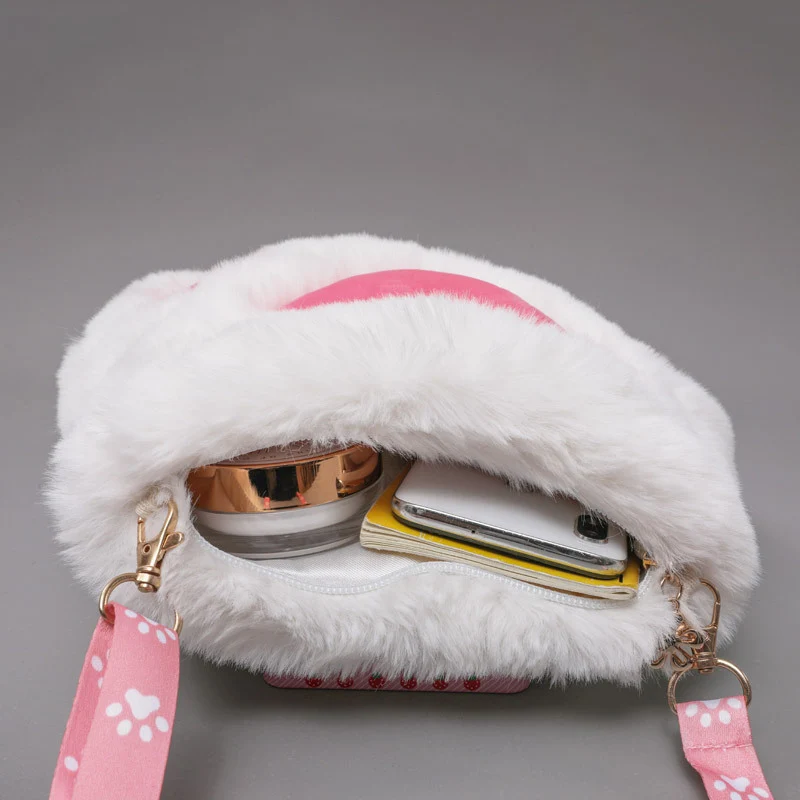 Girls Cute Bear Paw Chain Zipper Shoulder Bag Lolita Crossbody Bag Lovely Kid's Soft Fluffy Plush Coin Purse Baby Boys Accessory