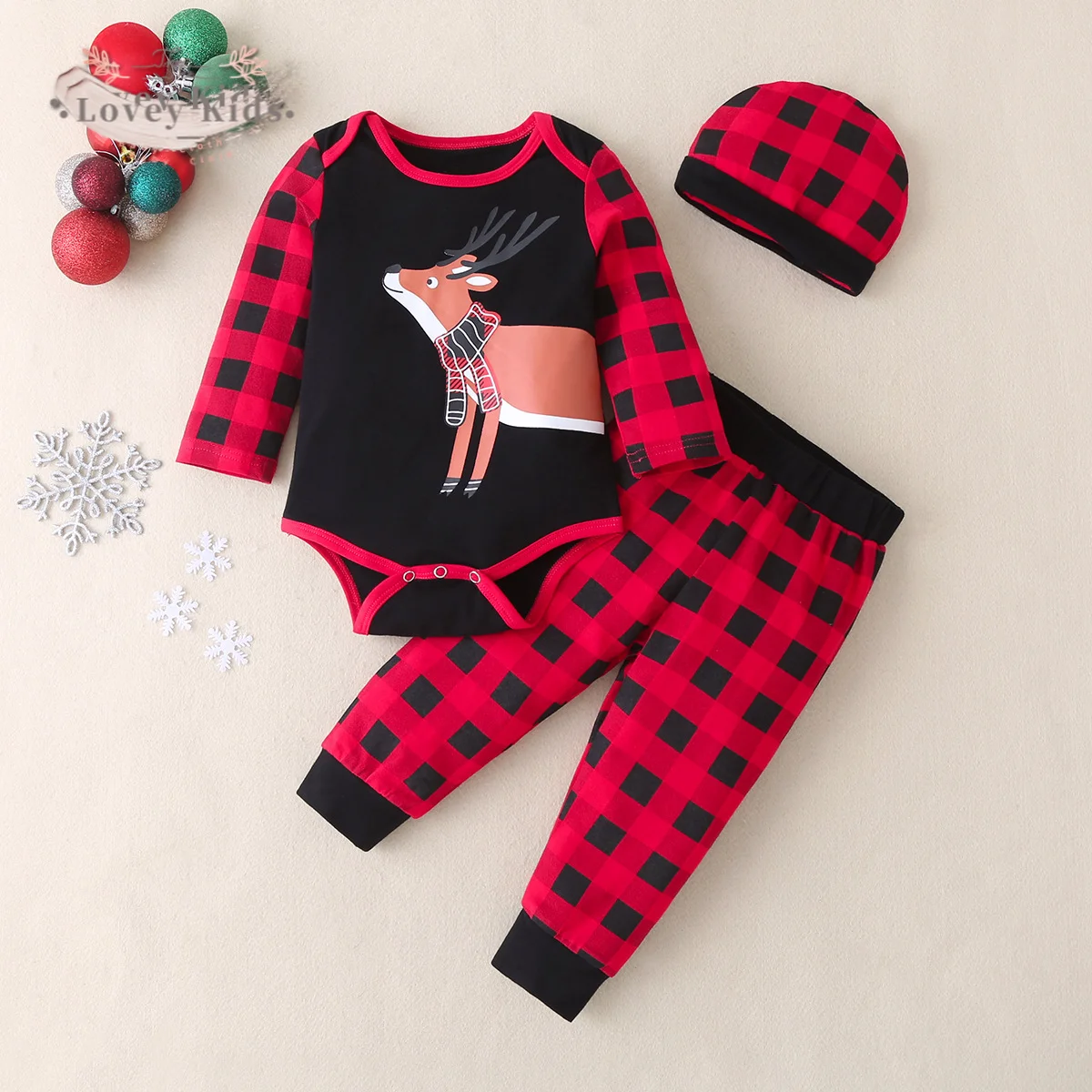 

2020 Winter Christmas Toddler Baby Girl Boy Outfit Set 3PCS Xmas Deer Print Plaid Bodysuit Pants Hats