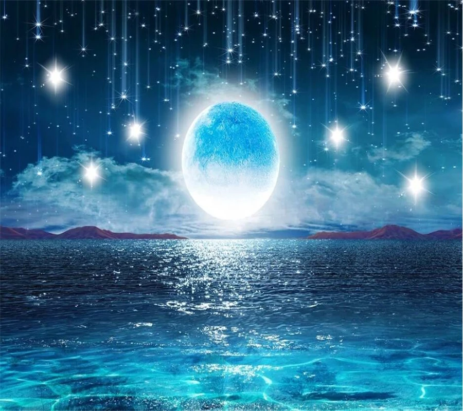 Beibehang Custom Wallpaper 3d Water Rise Bright Moon Beautiful Night Starry Sky Full Moon Landscape Living Room Background Wall Wallpapers Aliexpress