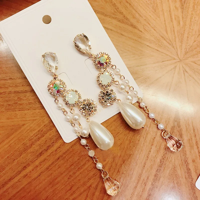 MENGJIQIAO корейский, асимметричный, блестящие красочные серьги с кисточками и кристаллами для женщин девушек Элегантный Искусственный жемчуг Oorbellen ювелирные изделия