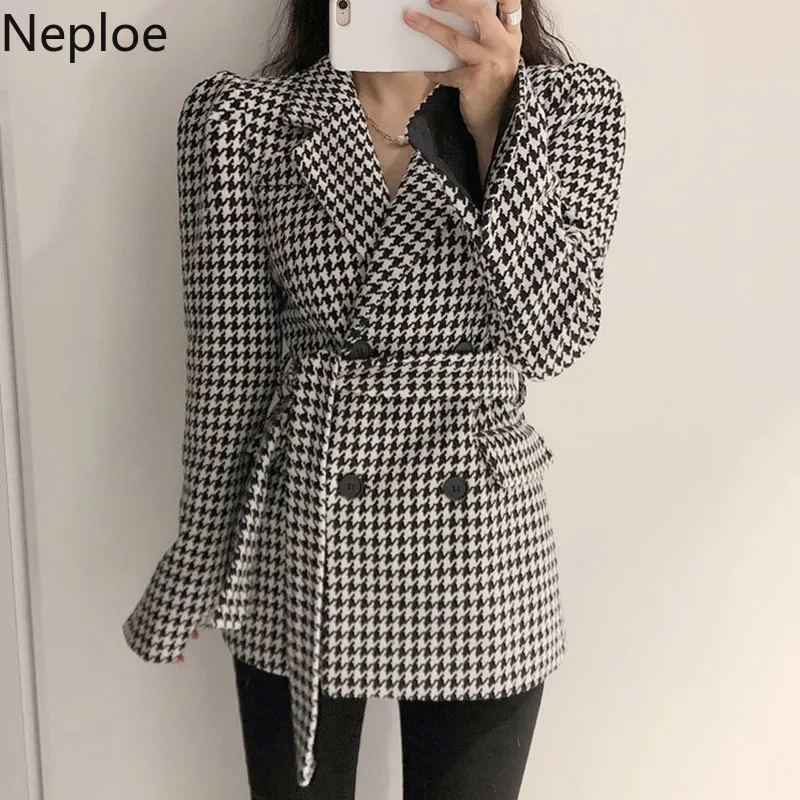 Neploe Ins, Ретро стиль, тонкая талия, шнуровка, двойная грудь, смесь, тысяча птиц, решетка, отложной воротник, длинный рукав, пальто, осенняя куртка