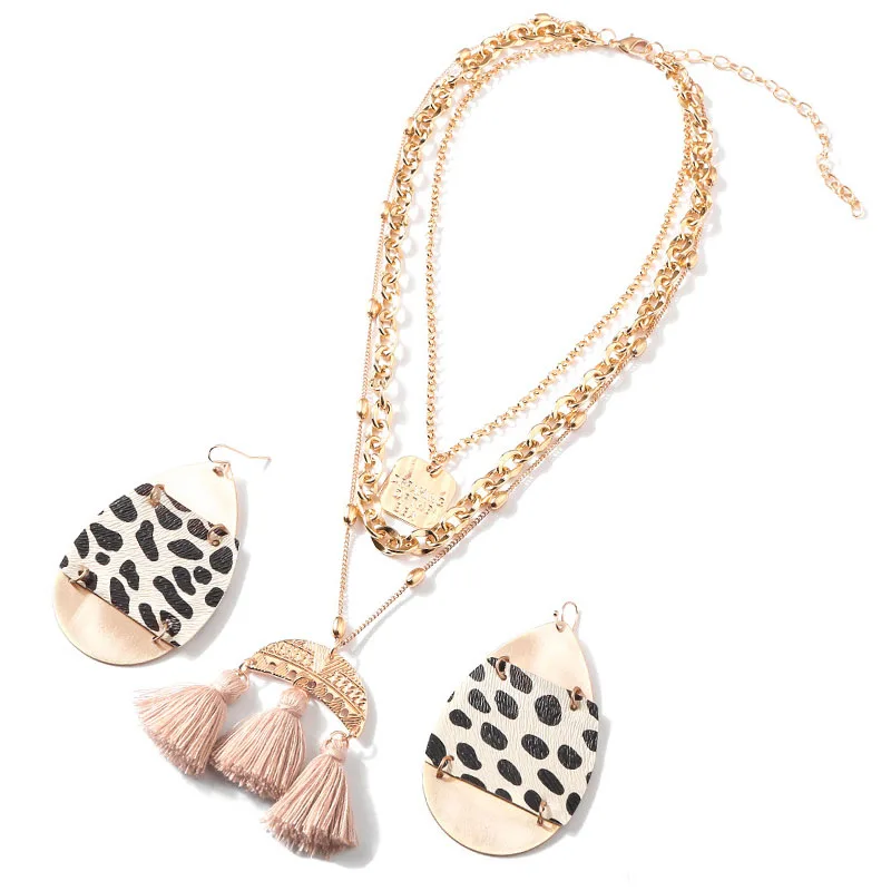 

Jewelry Suit Leopard Leather Alloy Water Drop Earrings Ethnic Wind Hanging Brand Bohemian Liusu Multilayer Necklace