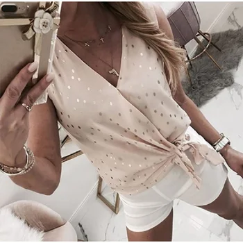 

Women Dot Print V-Collar Solid Blouse Female Loose Lace up sleeveless Patchwork Tops 2020 Summer Fashion Casual streetwear