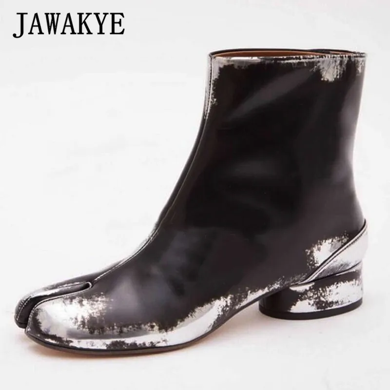 

Old effect Genuine leather ankle Boots high heels split Apart toes Shoes women Motorcycle Botas mujer spring short boots