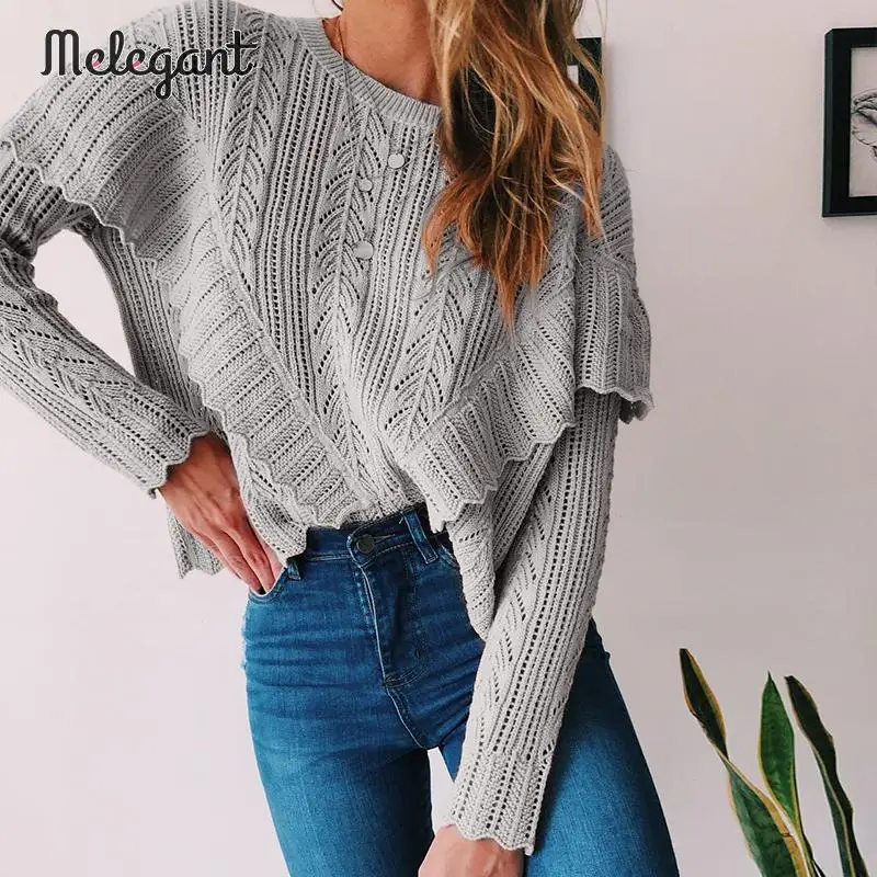 Melegant Knitted Sweaters 2019 Fashion Hollow Out Crochet Pullovers Women Autumn Winter Female Ruffles Long Sleeve Jumpers Tops