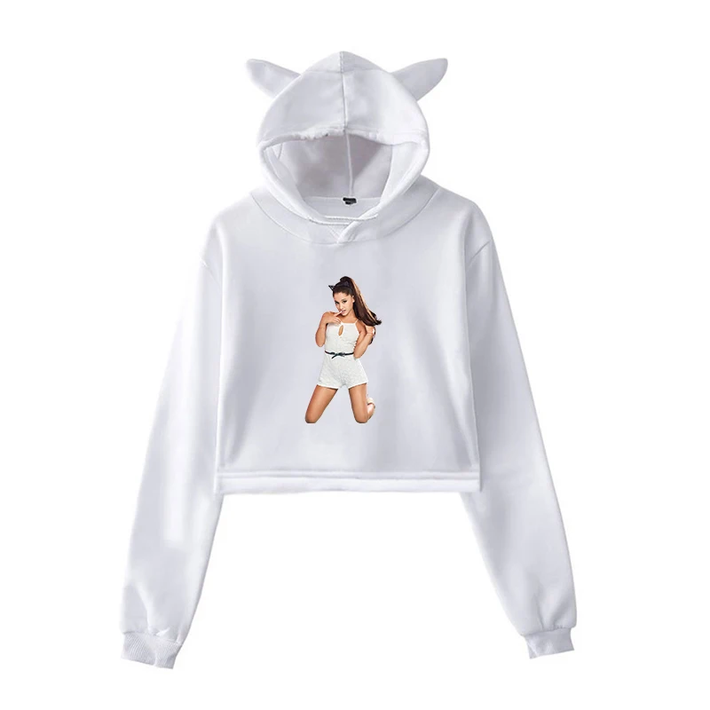 Ariana Grande, укороченная Женская толстовка, Harajuku, пуловер с капюшоном, одежда для девочек-подростков, уличная одежда, женские топы с длинными рукавами