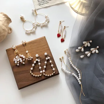 

Fashion Pearl Eardrop Japanese And Korean Retro Simple Heart-shaped Tassels Earrings female wedding earings party jewelry