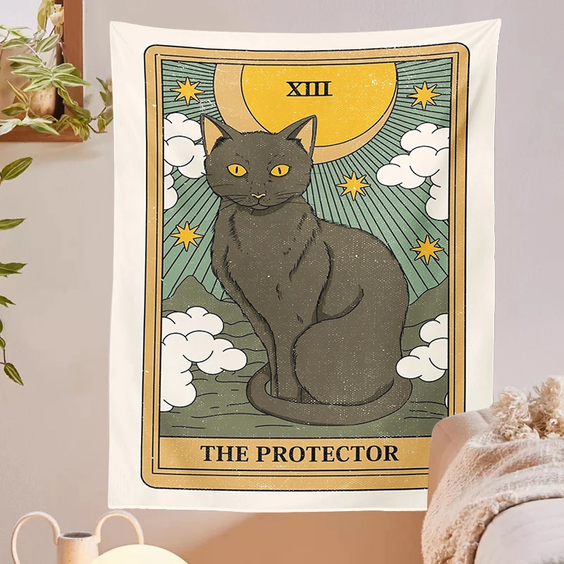 Cat Divination Witchcraft Tarot Card Tapestry Wall Hanging Tapestries Baphomet Occult Home Wall Moon phase Mat Decor Cat Coven Tapestry Decorations