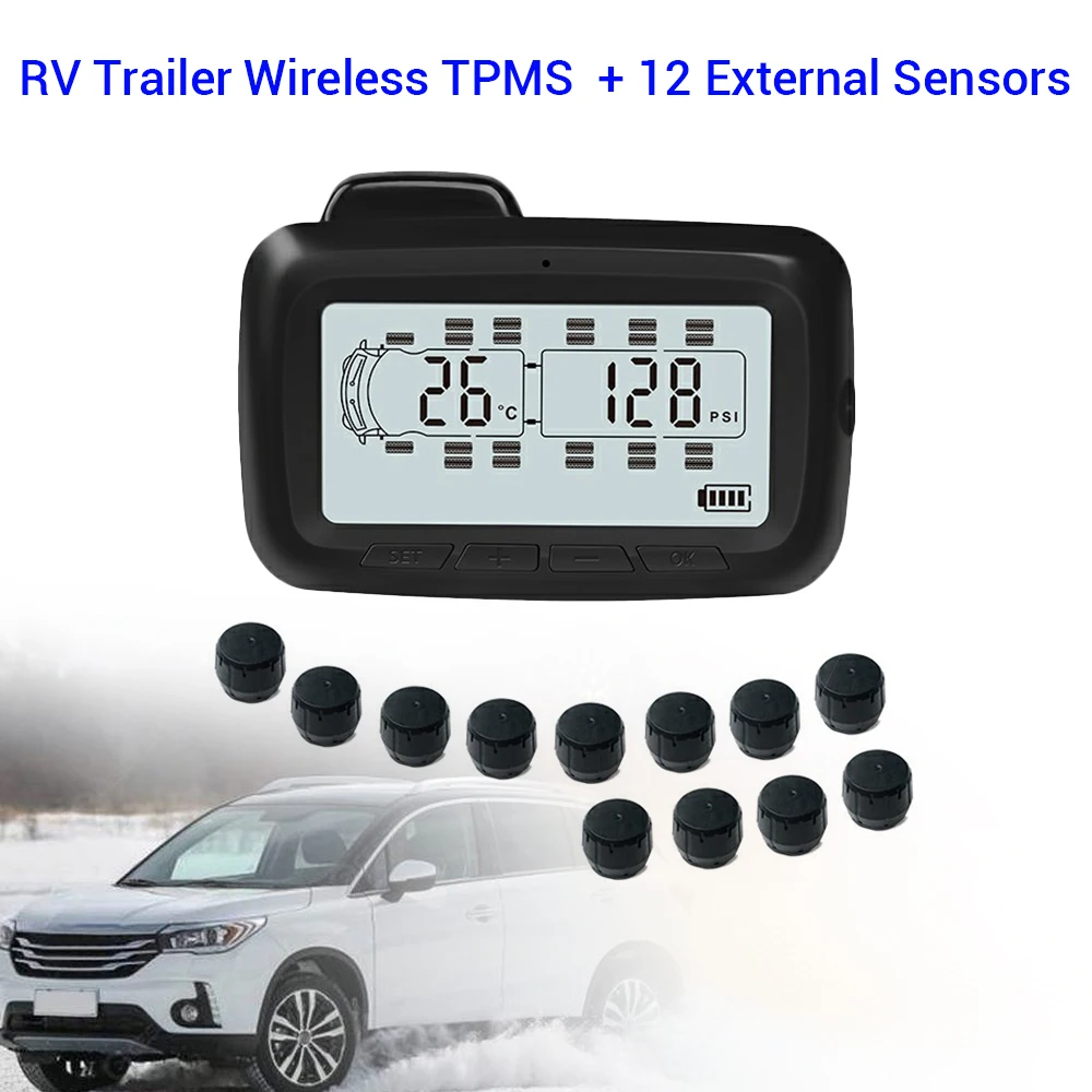 WONVON RF беспроводной автомобильный TPMS система контроля давления в шинах ЖК-дисплей с повторителем+ 12 внешних датчиков для RV Прицепа автобуса