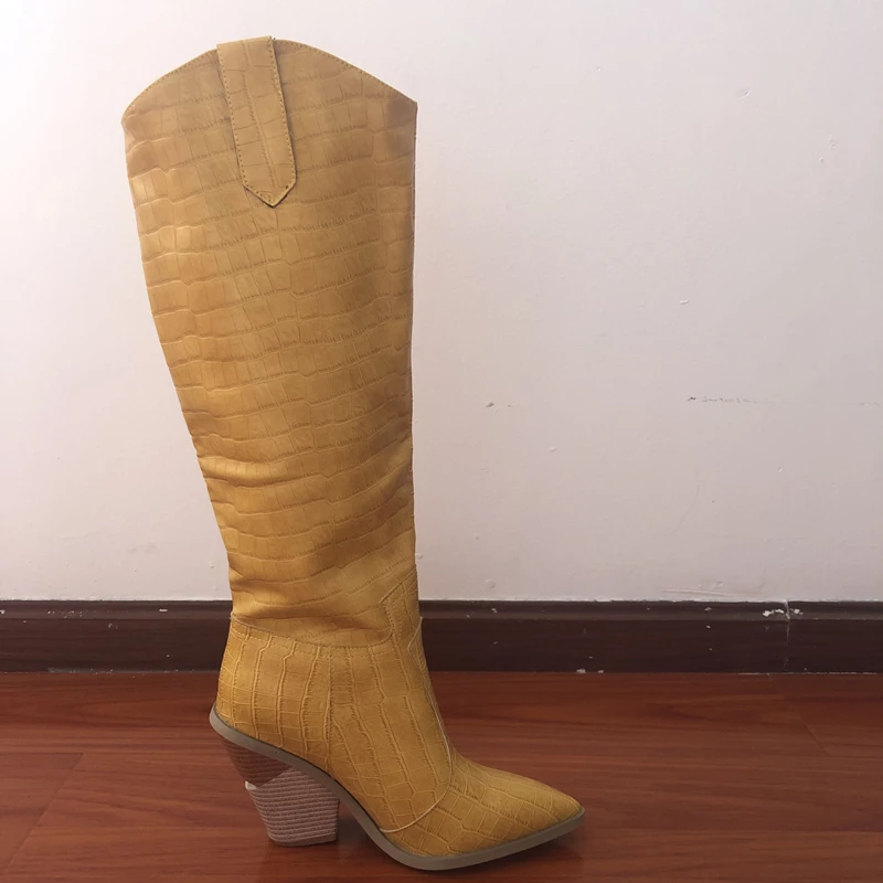 QZYERAI/пикантные женские ковбойские сапоги из искусственной кожи; зимние женские сапоги до колена; обувь для ночного клуба; женская обувь большого размера на не сужающемся книзу массивном каблуке