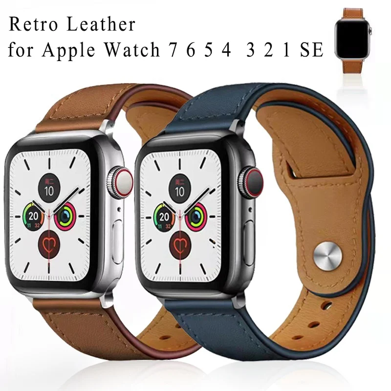Ремешок из натуральной кожи в стиле ретро для Apple Watch 7 45 мм 41 классический браслет