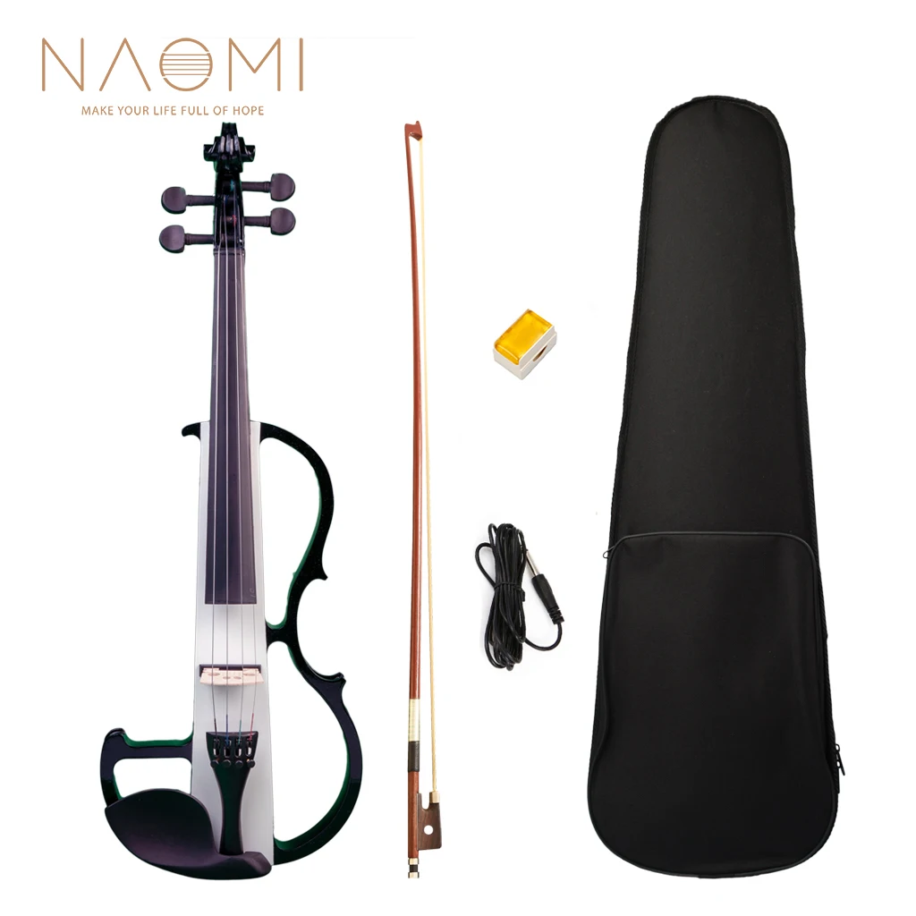 

NAOMI 4/4 Electric Violin Set Solidwood Body Black+White Color Violin w/ Brazilwood Bow+Rosin+Audio Cable+Violin Case+Bridge