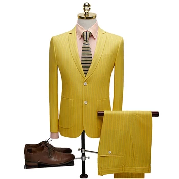 

2019 new men's suits men's yellow striped two-piece suit (Blazer + pants) high-end custom business Slim men's clothing suits