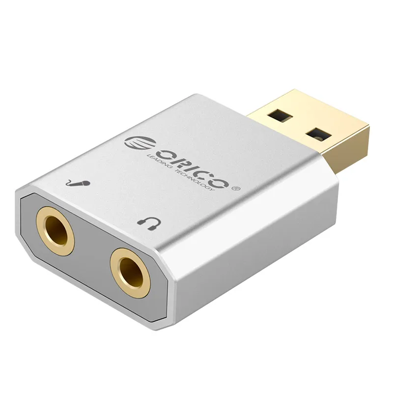 Silver ORICO, внешняя USB звуковая карта, стерео микрофон, динамик, гарнитура, аудио разъем, 3,5 мм, кабель, адаптер, отключение звука, регулировка громкости, свободный привод - Цвет: Silver
