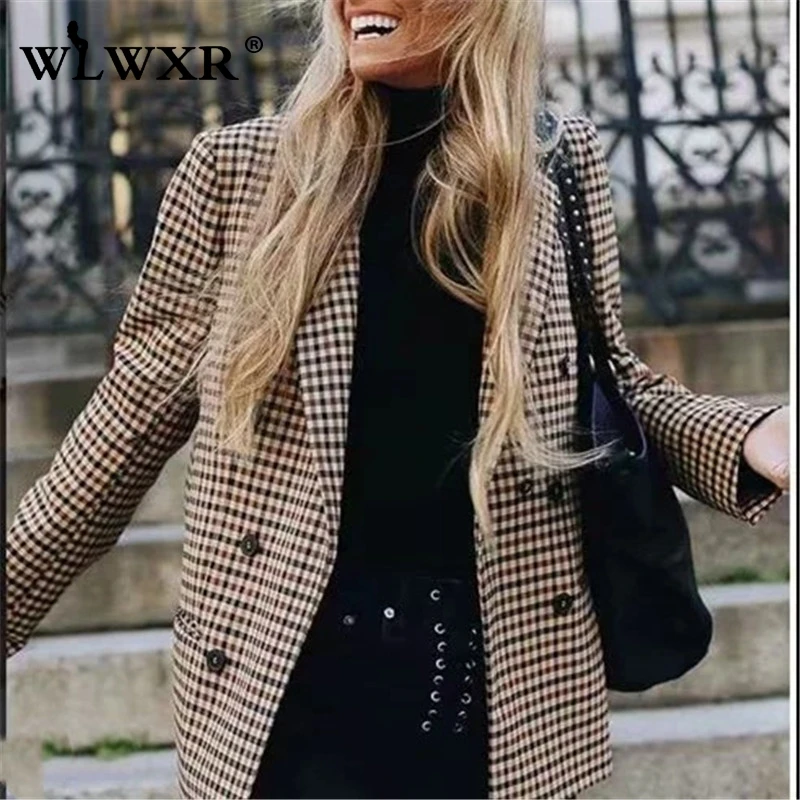 WLWLR офис, женское облегающее женское клетчатое Блейзер, Женское пальто Повседневный хаки сексуальный Блейзер Женский осень зима женские блейзеры и куртки