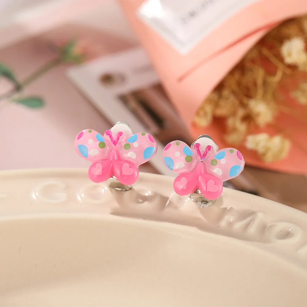 Cartoon animal / fruit / Butterfly Ear Clips Children Clip Earrings Girl Resin no Piercing earring for children kids серьгиChildren Baby Girl Jewelry Kids Cute Animal Fruit Cherry Resin Ear Clip On Pierced Party Gift Cartoon Flower Earrings
