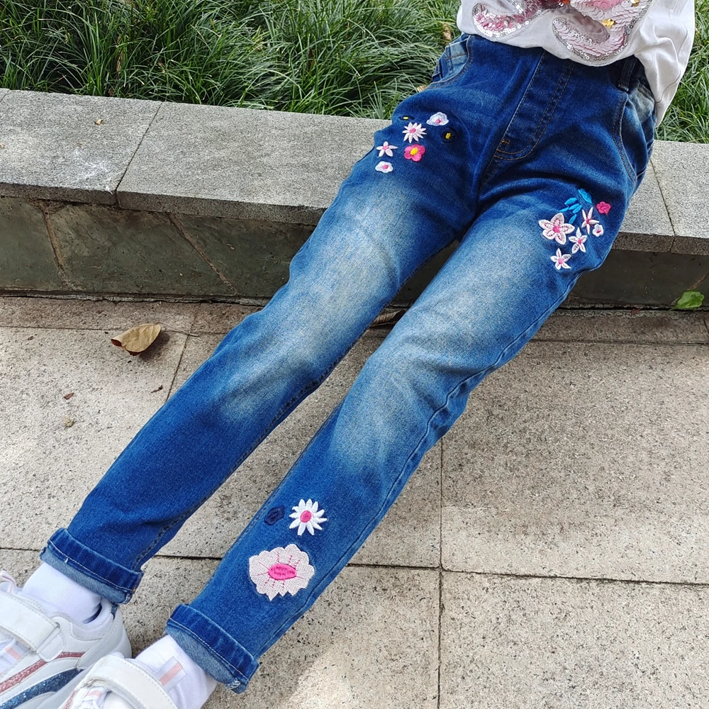 Pantalones vaqueros elásticos azules con bordado de flores para de primavera, 4 15T|Pantalones vaqueros| - AliExpress