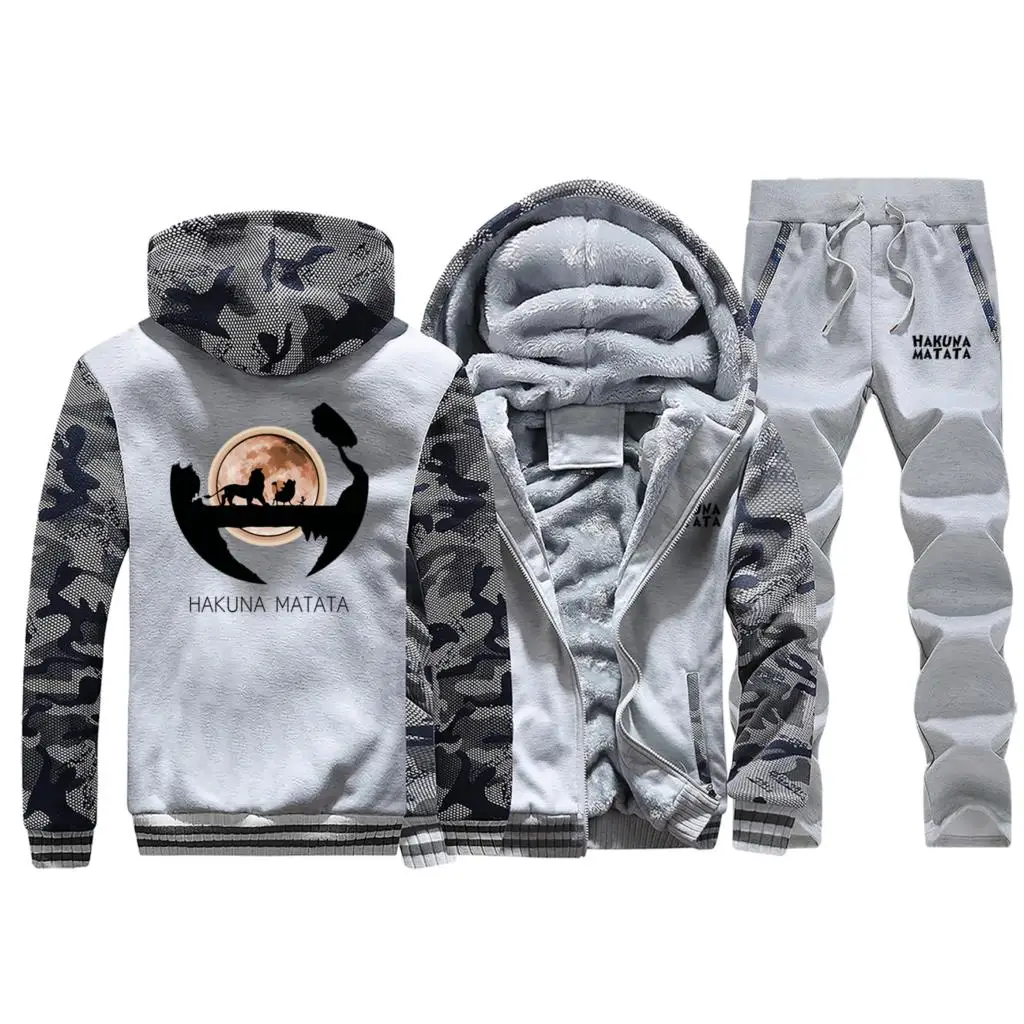 Light Gray 1 Куртка с рисунком «Король Лев»+ штаны, комплект из 2 предметов, камуфляжная Мужская Толстая Толстовка с капюшоном, костюм, HAKUNA MATATA, пальто с принтом, повседневный спортивный костюм - Цвет: Light Gray 1
