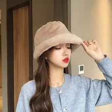 Зимние шапки-ведро, женская мягкая теплая плюшевая шапка из искусственного меха, Корейская стильная утолщенная шапка для рыбаков, уличная шапка от солнца, одноцветная шапка для взрослых