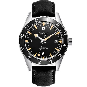 

Sapphire glass Corgeut 41mm black dial luminous marks ceramic bezel leather strap automatic movement men's watch