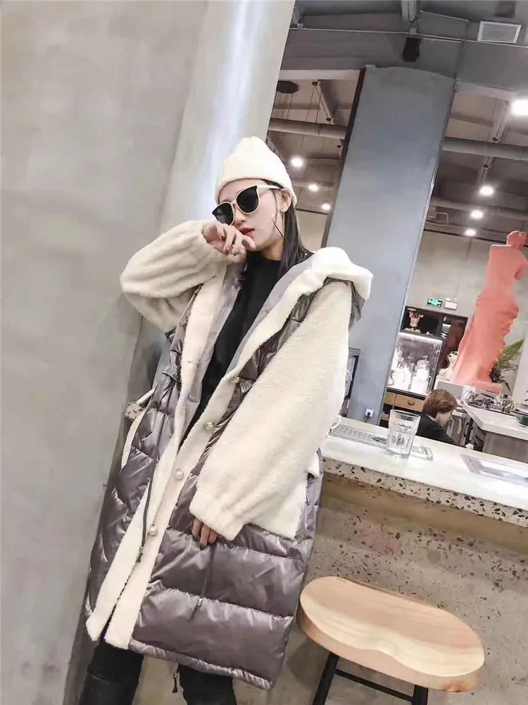 Куртка размера плюс 6XL, стеганая, зимняя, теплая, женская, овечья шерсть, прошитая, глянцевая, пуховик, с капюшоном, длинное пальто, для женщин, можно носить 100кг