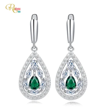 

Rainbamabom 925 Solid Sterling Silver Emerald Created Moissanite Gemstone Wedding Engagement Fine Jewelry Pear Dangle Earrings